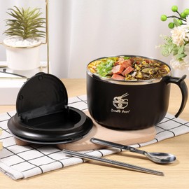 LSCSJUNS Ramen Bowls Set 1600ml Ramen Bowl with Splicing Spoon and Folding Chopsticks Multipurpose Ramen Cooker Bowl with Lid for Home Office College Dorm Room