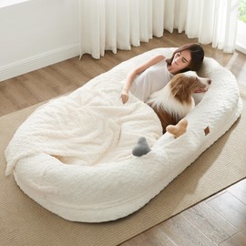 ChiXnuggle Human Dog Bed for Adult - Luxury Faux Fur Giant Size Dog Bed with Portable Handle, Egg Orthopedic Foam Bed with Blanket, 72"x40"x10", Ivory White