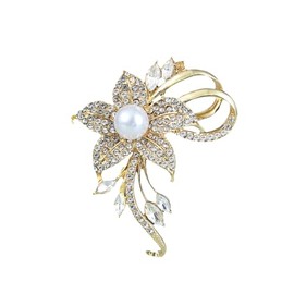Delicate Pearl Rhinestone Crystal Flower Brooch Pin for Women Dress Hat Decoration Bride Engagement Wedding Jewelry-Style 1: Gold