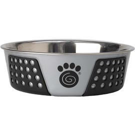 PetRageous 13099 Fiji Stainless Steel Non-Slip Dishwasher Safe Dog Bowl 6.5-Cup Capacity 8.5-inch Diameter 2.75-inch Tall for Large and Extra Large Dogs, Light Gray and Black