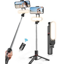 Selfie Stick Tripod with Light Extendable Selfie Stick with Detachable Wireless Remote Shutter Travel Video Tripod Stand Cell Phone Mount Holder Compatible with Smart Phone Android