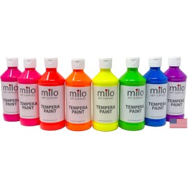 milo Fluorescent Neon Washable Paint for Kids | 8 oz Bottles 8 Colors | Made in the USA | Glows UV in Black Light | Safe & Non-Toxic Tempera Paint for Art & Craft, Poster, Window, for Children, Toddler, Classroom, School