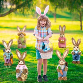 Memorywuu 7 Pcs Vintage Easter Yard Signs with Stake 15.7" Sisal Bunny Easter Decor Spring Straw Bunny Figurine Outdoor Rabbit Waterproof Lawn Signs for Spring Hunt Game Garden Lawn Yard Party Decor