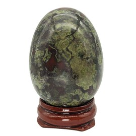 Fekuar Stone Egg Figurine, Polished Healing Crystal Easter Eggs Sphere Sculpture with Wood Stand, Natural Dragon Bloodstone, 1.8"