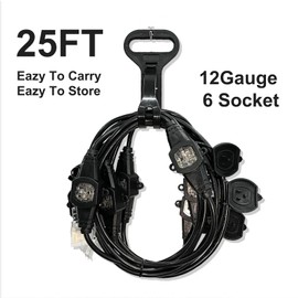 25FT Power Extension Cord 3 Prong, 16 Gauge SJTW 5-15R Cable Male Plug to Female Connector,7 Outlet Cable,Multiple Evenly-Spaced Plug,Suitable for Stage Setting or Outdoor,UL Certified Outlet Cable