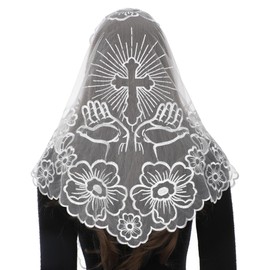 Bozidol Church Mantilla Catholic Veil: White Hands and Cross Embroidered Lace Chapel Veils Latin Mass Head Coverings for Women