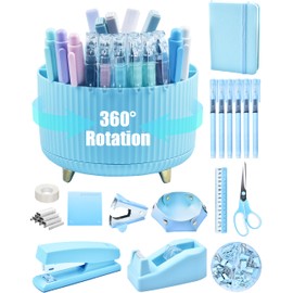 Blue Desk Accessories, 20Pc Office Supplies and 360°Pen Holder Desk Organizers, with Tape Dispenser, Stapler, Staple Remover, Ect, Let the Color Blue Fill Your Desktop