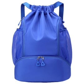 FAVORTALK Drawstring Bag Swimming Bags for Adults Multifunction String Bag with Mesh Bag and Shoe Compartment for Gym Large Capacity String Backpack for Beach Travel Deep Blue - D29045