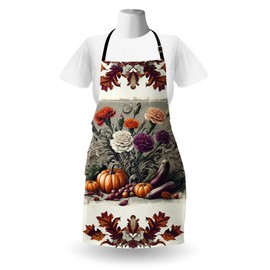 Ambesonne Autumn Apron Pack of 2, Victorian Leaves Ornate Fall Pumpkin Eggplant and Blooming Flowers Art, Unisex Kitchen Bib with Adjustable Neck, 2 Pcs - Adult Size, Sage Green Plum Orange