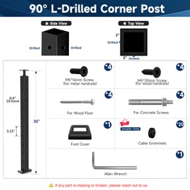 Gyykzz 36" Corner Post Cable Railing, Upgrade Adjustable Top Bracket 90° L-Drilled Corner Wire Railing Post, Matte Black T304 Stainless Steel Corner Handrail Post for Indoor Outdoor Corner Project