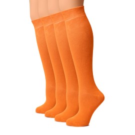 Hugh Ugoli Women Cotton Knee High Socks, Long Dress School Uniform Socks for Girls, Soft & Lightweight Boot Socks, Shoe Size: 5-8, Pumpkin Orange, 4 Pairs