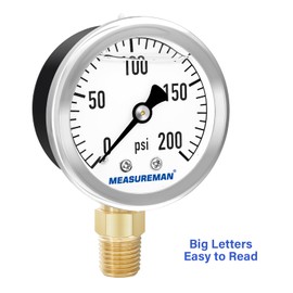 MEASUREMAN 2" Dial Size, Glycerin Filled Plumbing Pressure Gauge, 0-200psi, Black Steel Case, 1/4" NPT Lower Mount
