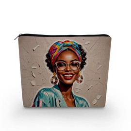 YULUENZE African American Lady Makeup Bag Cute Small Canvas Organizer Bag with Zipper Modern Black Lady Cosmetic Bag Aesthetic Birthday Present for Women Sisters Friends