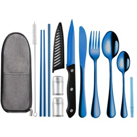 Portable Travel Utensils Set,Reusable Utensils,Travel Camping Cutlery Set,Stainless Steel Flatware Set with Case,Lunch Boxes Workplace Camping School Picnic (Blue)