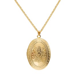 Fuqimanman2020 Vintage Engraved Flower Locket Picture Pendant Necklace Oval Heart Locket Hold Photo Picture Pendant Necklace Memory Jewelry-Oval Gold