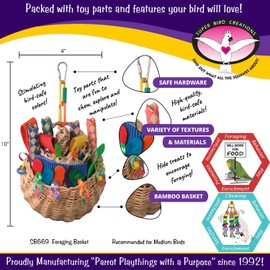 Super Bird Creations SB669 Wicker Foraging Basket Bird Toy for Parrots Cockatiels Ringnecks Medium Conures Quakers,Caiques Pionus - Crunchy Multi-Colored Textures - Medium Bird Size, 10” x 4” x 5”
