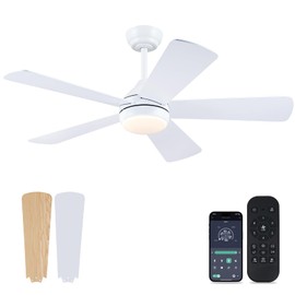 Asyko 46" White Ceiling Fan with Lights with Remote/APP, Ceiling Fan Low Profile for Indoor/Outdoor, Reversible DC Motor, 6 Speeds with 5 Blades, Modern Ceiling Light Fixture for Bedroom