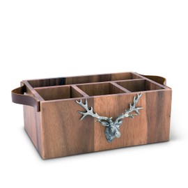 Vagabond House Caddy Rectangle Acacia Wood Flatware/Serve ware/Utensil/Carry-All Holder with Solid Pewter Rustic Elk Accent Real Leather Handles, 3 Small and 1 Larger Compartment 13 inch Long