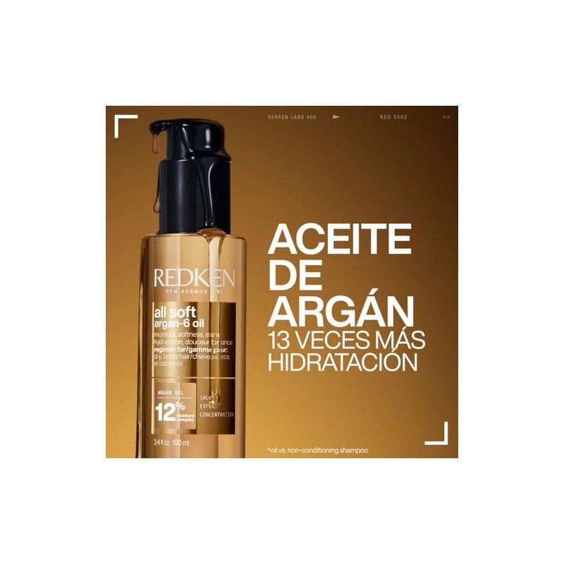 Redken Argan-6 Oil All Soft, Aceite Multibeneficios: Hidratación, Suavidad y
