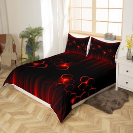 Red Neon Geometry Duvet Cover,Kids Honeycomb Bedding Set,Abstract Ombre Comforter Cover for Boys Girls Room Decor,Red and Black Stripe Lightweight Bedspread Cover Twin Size with 1 Pillow Case