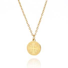 YIQPKUM Dainty Classic Cross Medallion Necklace Elegant Stainless Steel Religious Symbol Pendant Jewellery for Women Charms Gifts (14K Gold Plated)