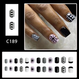 Christmas Press on Nails Short Square Winter Fake Nails Black Full Cover Snowflake Gothic False Nails with Swirl Designs Glossy Glue on Nails Xmas Acrylic Manicure Artificial Nails for Women Girls