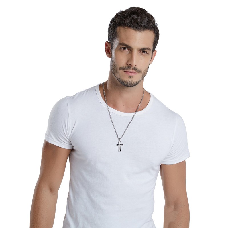 Reve Stainless Steel Black & Silver Cross Pendant Necklace for