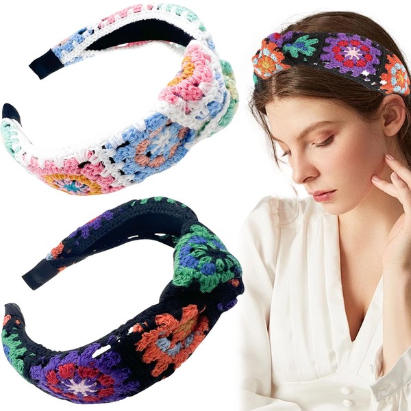 Jaczora Floral Crochet Headbands, Ethnic Granny Square Pattern, Wide Stretch
