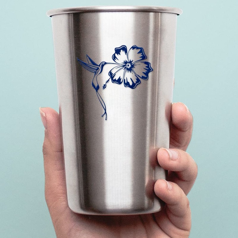 Transparent Decal Stickers of Hummingbird and Hibiscus Tattoo (Navy Blue)