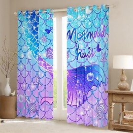 Feelyou Mermaid Window Curtains for Bedroom Living Room Kids Girls Teal Blue Purple Mermaid Tail Print Window Drapes Treatments Cute Curtains Mermaid Fish Scale Glitter Decor, 42W X 84L,2 Panels