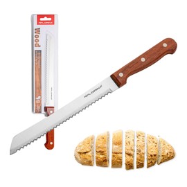 Brotmesser, Edelstahlklinge, Klingenlänge 20cm, Klingenblatt mit scharfem Wellenschliff, bequemer Holzgriff, rostfrei, lebensmittelecht, Braun