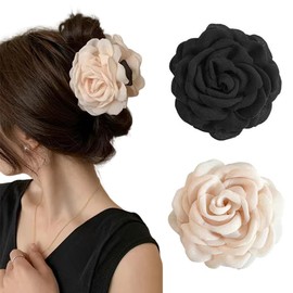 TOFBS Pack of 2 Rose Claw Clips Women's Non-Slip Hair Clips Strong Hold Styling Accessories Flower Clip for Women Girls Gifts (Black + Beige)