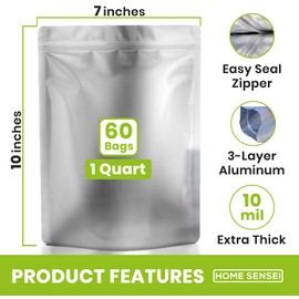 60pcs 1 Quart Mylar Bags for Food Storage - ExtraThick 10 Mil - Smell Proof Mylar bags 1 Quart - Stand-Up Zipper Pouches 7" x 10" - Small Mylar Bags for Food Storage - Heat Sealable