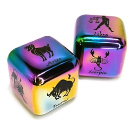 Hometu 2Pcs/Set Metal 12 Constellation Dice Set, Laser Engraved 6-Sided Stainless Steel Big Zodiac Dices for Game Divination Accessory (Classic, Colorful), DK-MDICE-12XZ