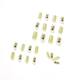 SINHOT 24pcs Glossy Square Press on Nails Squoval Fake Nails Matcha Butterfly Nails Acrylic Fingernails Manicure False Nails for Women & Girls, Green, Long