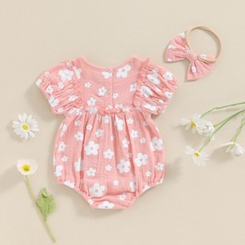 Baby Girl Rompers Daisy Short Sleeve Infant Bodysuit Summer Newborn Girl Linen Cotton Jumpsuit Clothes Headband (Flower&Pink, 6-12 Months)