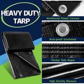 CAMPMAC Black Tarps Heavy Duty Waterproof 16x20, 12 Mil Thick, High Durability, Rip and Tear Resistant with Metal Grommets Every 20 Inches