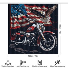 HDESDIS 4Pcs American Flag Motorcycle Shower Curtain Set with Rugs, Toilet Lid Cover and Bath Mat, Cartoon Eagle Motorbike Bathroom Curtains Decor Shower Curtains, 72" x 72"