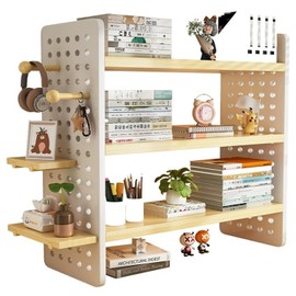 Halyuhn Wood Peg Board Organizer for Desk, Desktop Organizer Shelf 2 Tier for Home and Office Storage