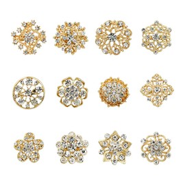 12pcs Corsage Bouquet Decor, Flower Brooches Pins, Pin for Women, Silver Crystal Button Brooches for Wedding Bouquet Broaches Kit Women Dress Decorations, Metal