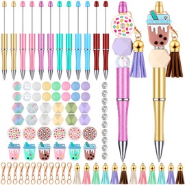12 Pieces Beadable Pens Bulk Bead Pens with 50 Pcs Assorted Colors Beads Pen DIY Making Kit Multicolor Ballpoint Pen Black Ink for Women Kids Students Office School (Donut Style)