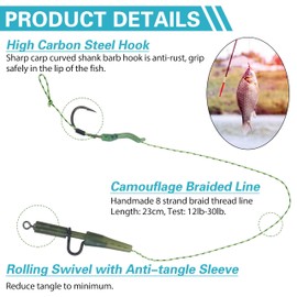 SHADDOCK 18pcs Carp Fishing Hair Rigs Carp Rigs Set Up Kit Curved Barb Carp Hooks Braided Line Safety Leader Clips Fishing Bait Rigs Carp Fishing Accessories (Type A)