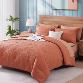 Geniospin Full Size Comforter Set - 7 Pieces Burnt Orange Bedding Set, Botanical Textured Comforter Set, All Season Lightweight Bed in a Bag with Comforter, Sheets, Pillowcases & Shams