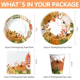 Xenorik Thanksgiving Party Decorations Tableware, Fall Autumn Leaves Pumpkin Theme Thanksgiving Paper Plates and Napkins Party Supplies, Plate, Cup, Napkin, Tablecloth, Disposable Cutlery, Serves 24