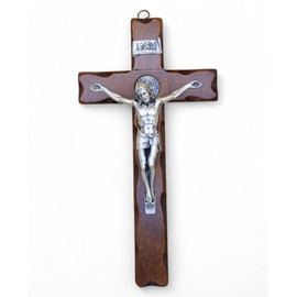 Wall Cross - Saint Benedict - Handmade in Italy Christ and Inri Silver 999 - Wooden Wall Cross, Care and Precision of the Details of the Jesus Crucifix - 21.5 x 9.5 cm