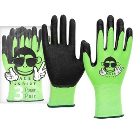ACE Junior Work Gloves for Children - 3 Pairs of Protective Gloves for Gardening - Green - 7-8 Years (Pack of 3)