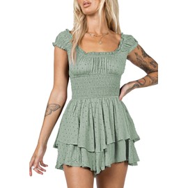 Viottiset Women's Ruffle Shorts Romper Off Shoulder Swiss Dot Summer Overalls, Green