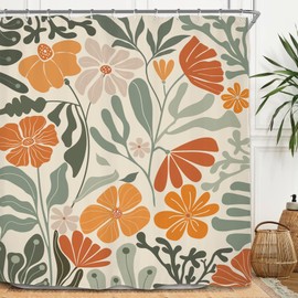 Miyotaa - Juego de cortinas de ducha retro con flores, color verde salvia, naranja, 71 x 71 pulgadas de alto, Matisse Groovy 70, diseño moderno y abstracto de poliéster, impermeable, con 12 ganchos