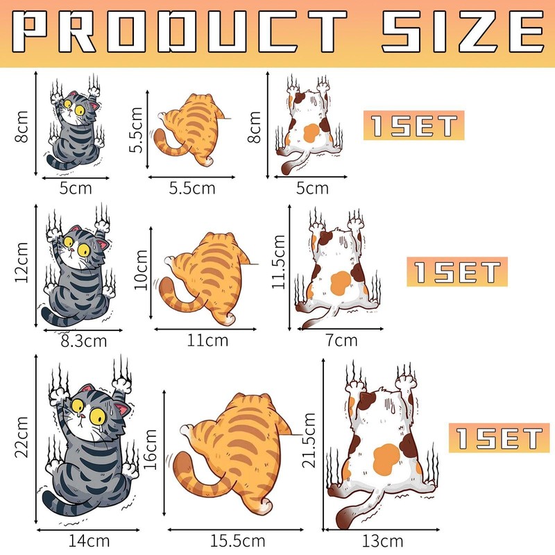 CYNOSURETECH 9 Pieces Funny Cat Car Stickers, Multicolor, Cartoon Style,