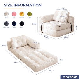 MAXYOYO Folding Sofa Bed, L-Shaped Convertible Sofa Foldable Sleeper Couch with Pillow, Portable Fold Out Chair Bed with Armrest Comfy Floor Lounge for Living Room Bedroom, Beige